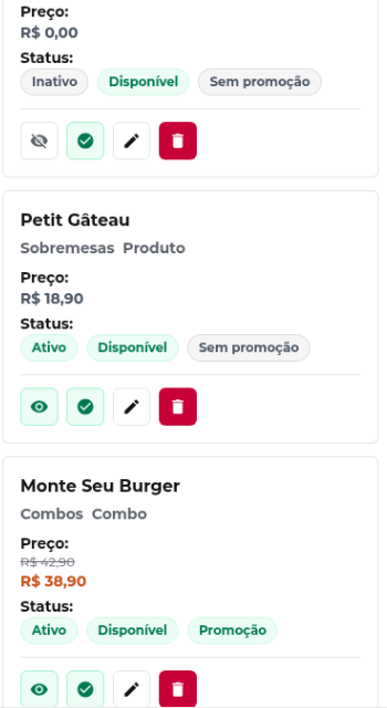 Lista de produtos do painel do Dom Menu, com preço, status de ativo e disponível, e os botões de editar e remover